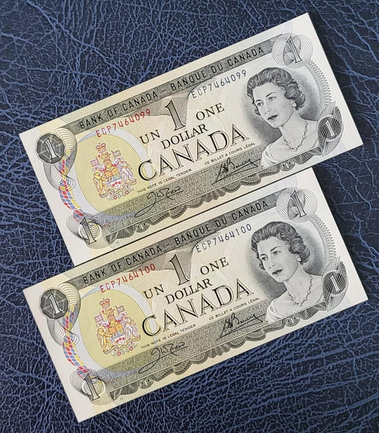 1 One Dollar 1973 Canada Banknote Consecutive Pair Uncirculated (UNC)