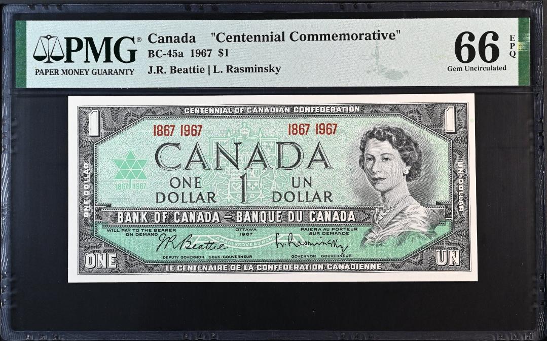 One 1 Dollar 1967 Canada Centennial Commemorative BC 45a UNC PMG 66 epq