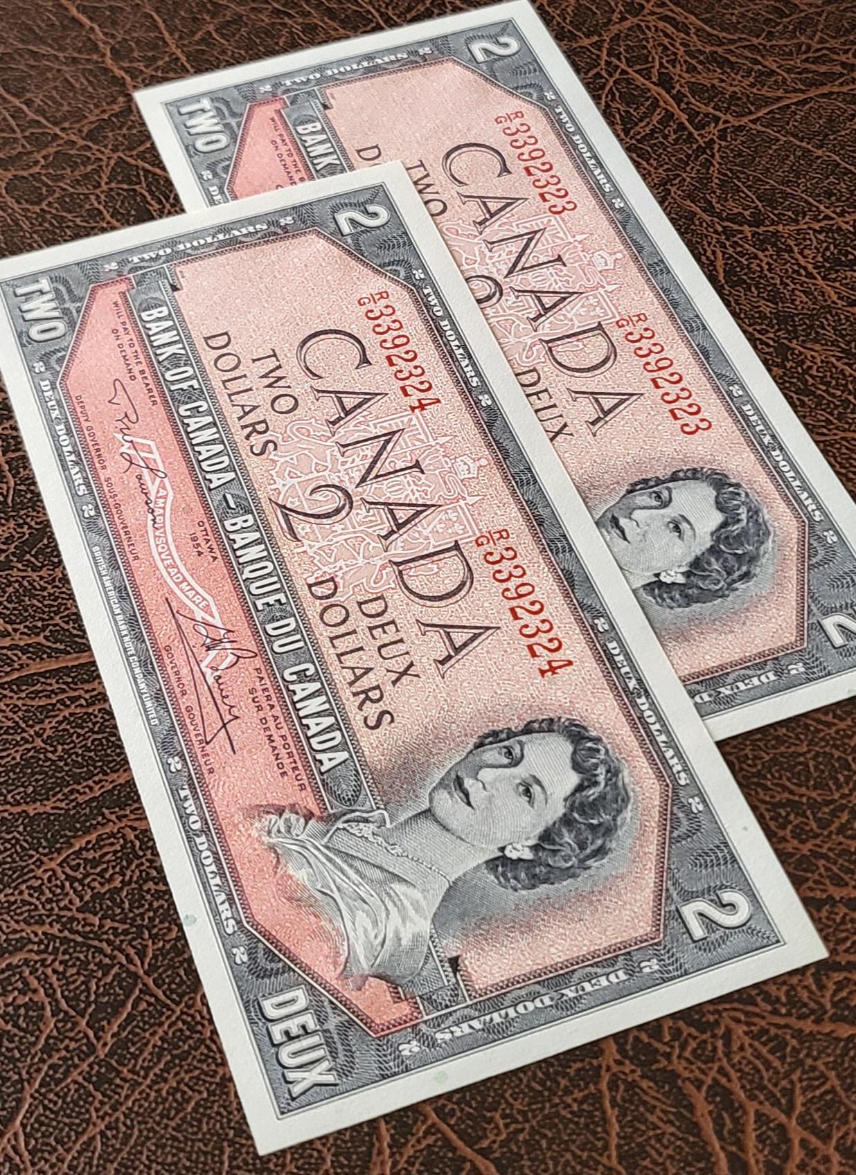 2 Two Dollars 1954 Canada Lawson Bouey BC 38d Consecutive Pair Uncirculated UNC