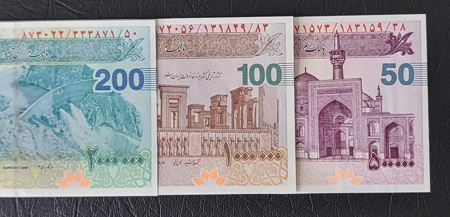 Set of 500,000, 1000,000 and 2,000,000 Rials old design Persian Cheque Uncirculated