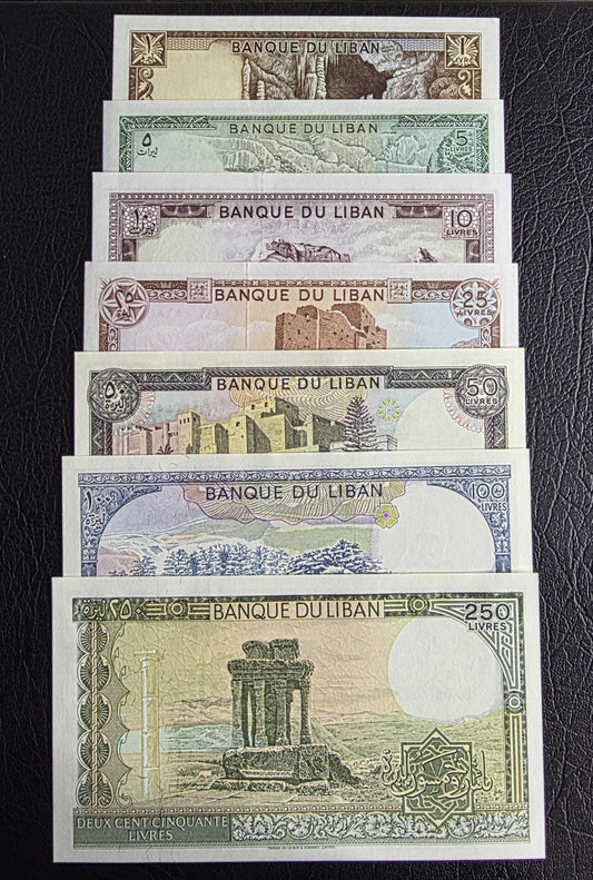 Set of 1, 5, 10, 25, 50, 100 and 250 Livres 1980-88 Lebanon Gem UNC (7 banknotes)