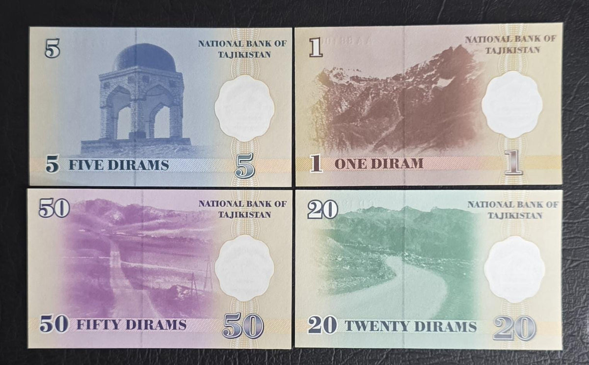Set of 1, 5, 20 and 50 Diram 1990s Tajikistan Uncirculated UNC (4 notes)- see the last image