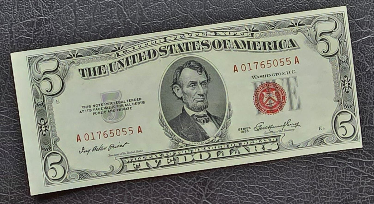 Five 5 Dollars 1953 Red Seal A Block United States USA GEM Uncirculated UNC