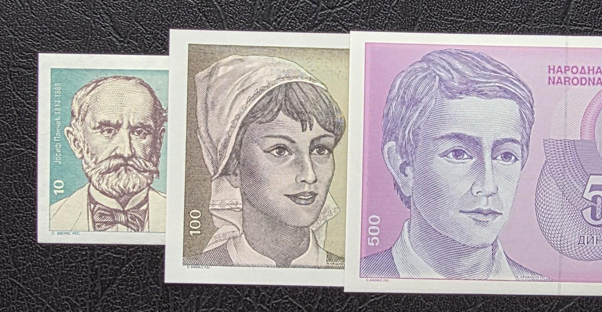 Set of 10, 100 and 500 Dinara 1991- 1994 Yugoslavia Hyper-inflation notes Gem Uncirculated UNC (3 banknotes)