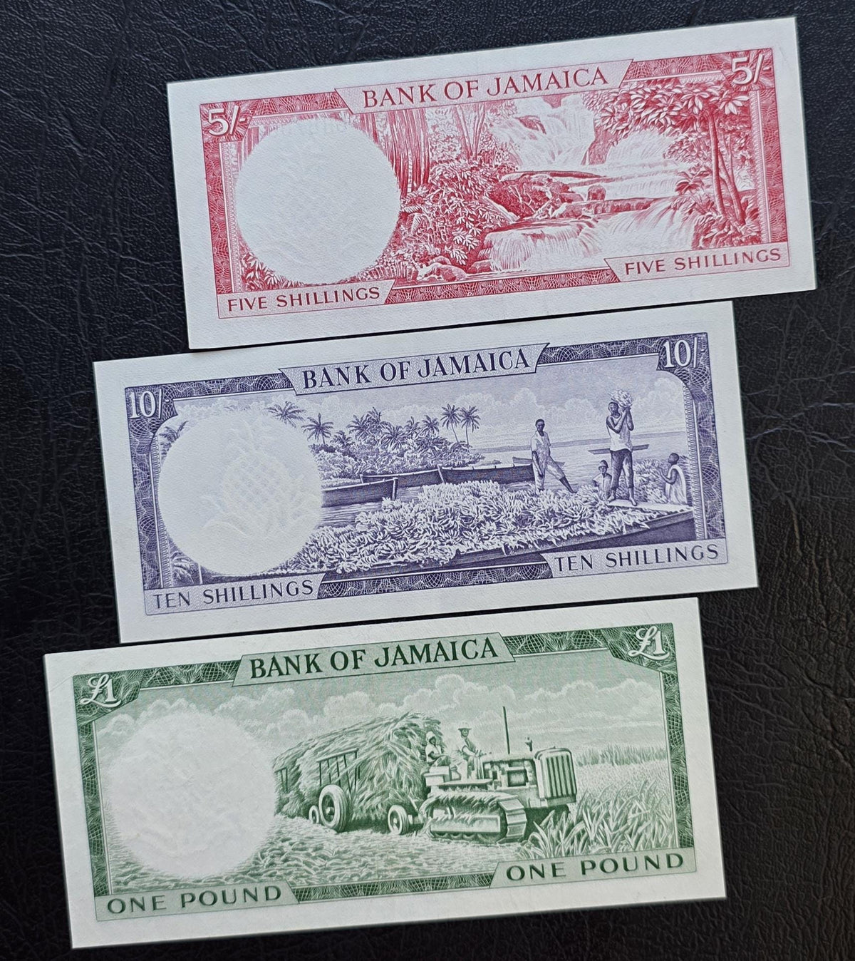 Set of 5, 10 and One (Shillings/ Pound) 1960s Pineapple Jamaica About Uncirculated AUNC Rare (Three notes)