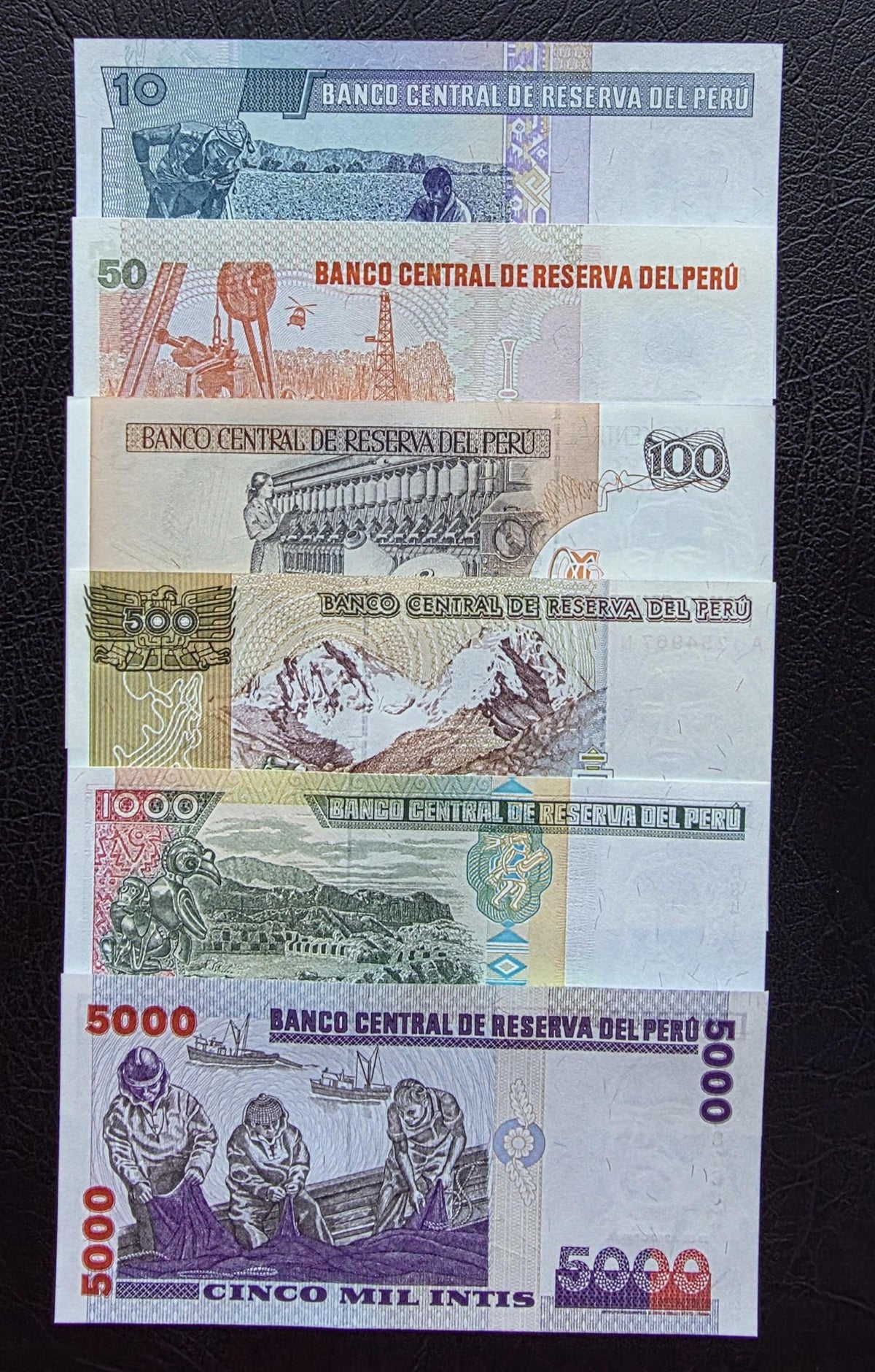 Set of 10, 50, 100, 500, 1000 and 5000 intis 1980s Peru Uncirculated UNC (six notes)