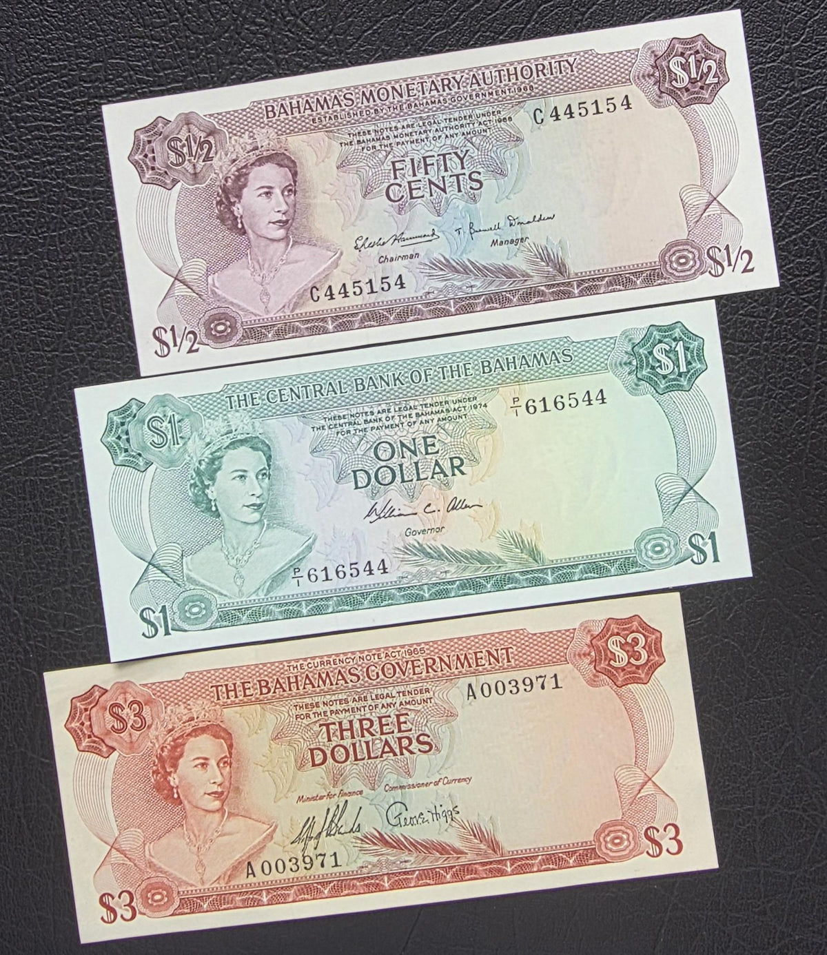 One 1/2, 1 and 3 Dollars 1968- 74 Bahamas British Colony Uncirculated UNC (three notes)