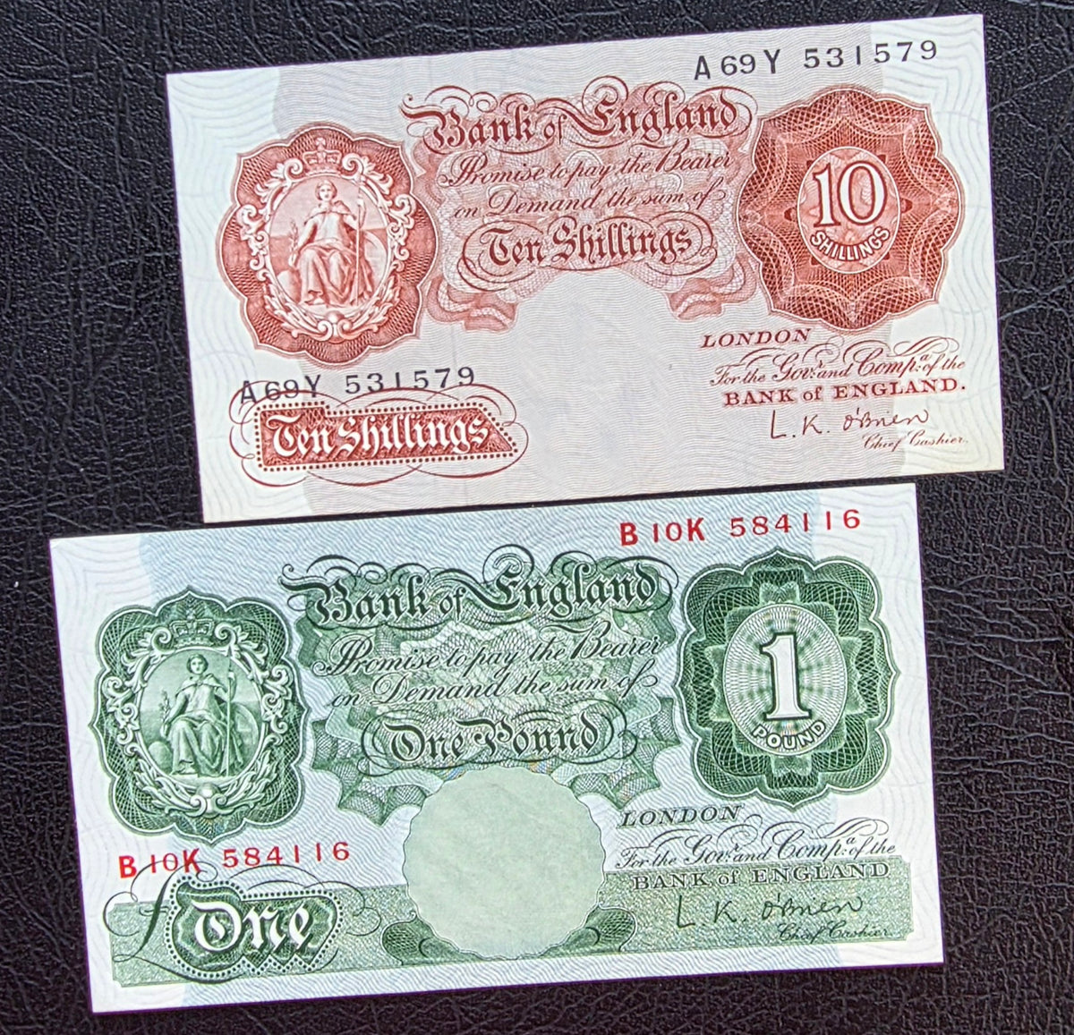 Set of 10 Shillings and One Pound 1955- 1960 Great Britain England Gem Uncirculated O'Brien Signature (two notes)