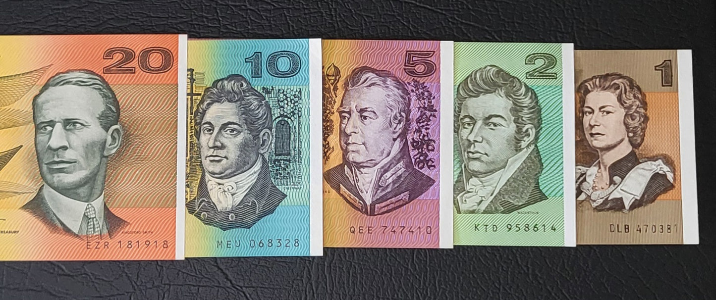Set of 1, 2, 5, 10 and 20 Dollars 1980- 1990s Australia Uncirculated UNC Gem