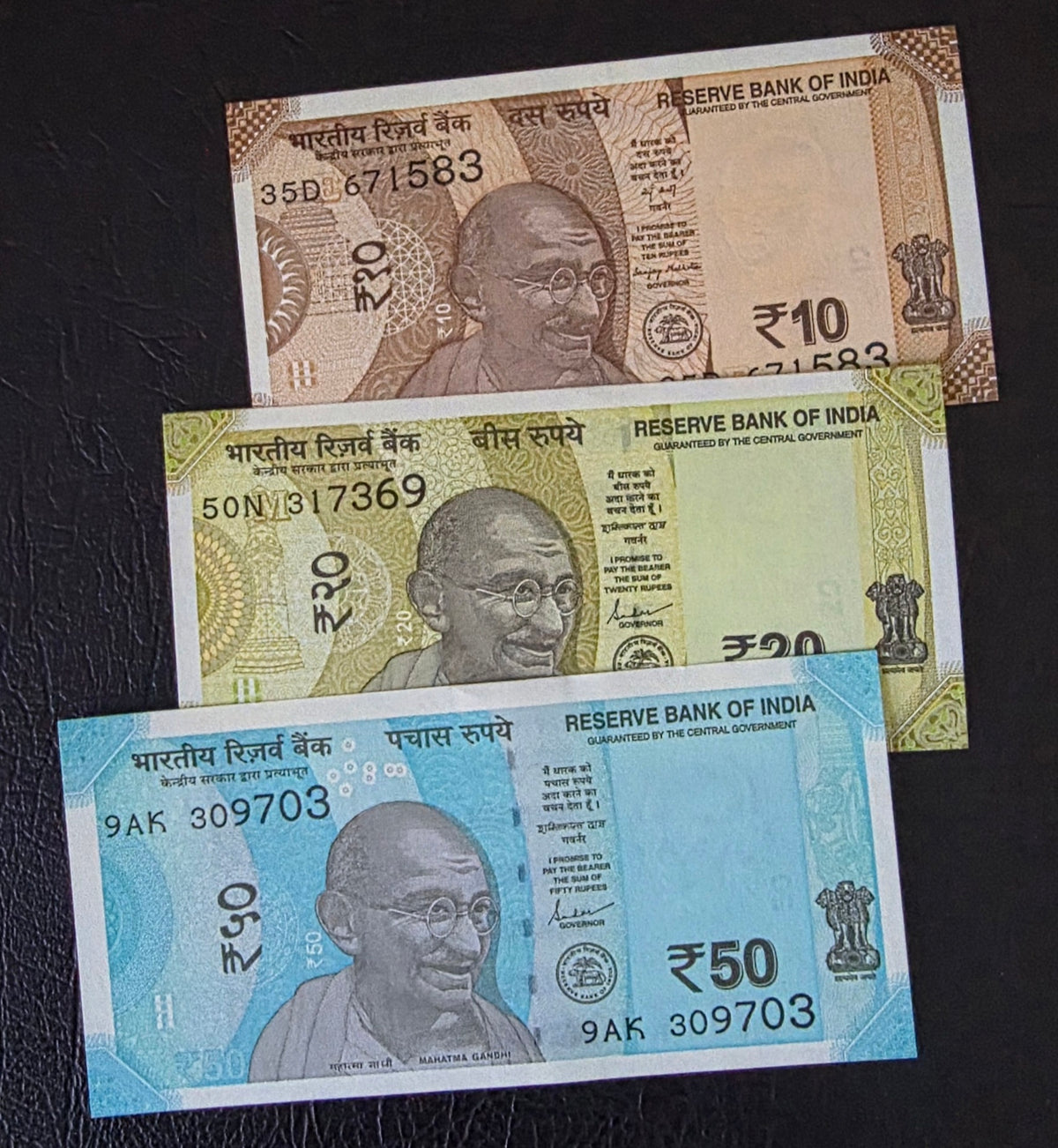 India Rupees set of 10, 20 and 50 Rupees 2020s Gem Uncirculated UNC (3 banknotes)