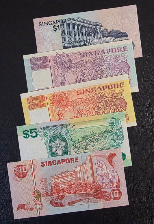 Singapore set of 1 and 2 (x2), 5 and 10 Dollars 1976- 1998 Singapore notes Gem Uncirculated UNC (5 banknotes)