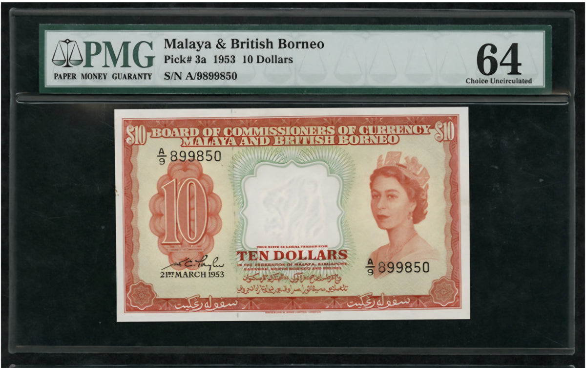 Malaya and British Borneo Malaysia 10 Dollars 1953 Choice Uncirculated UNC PMG 64