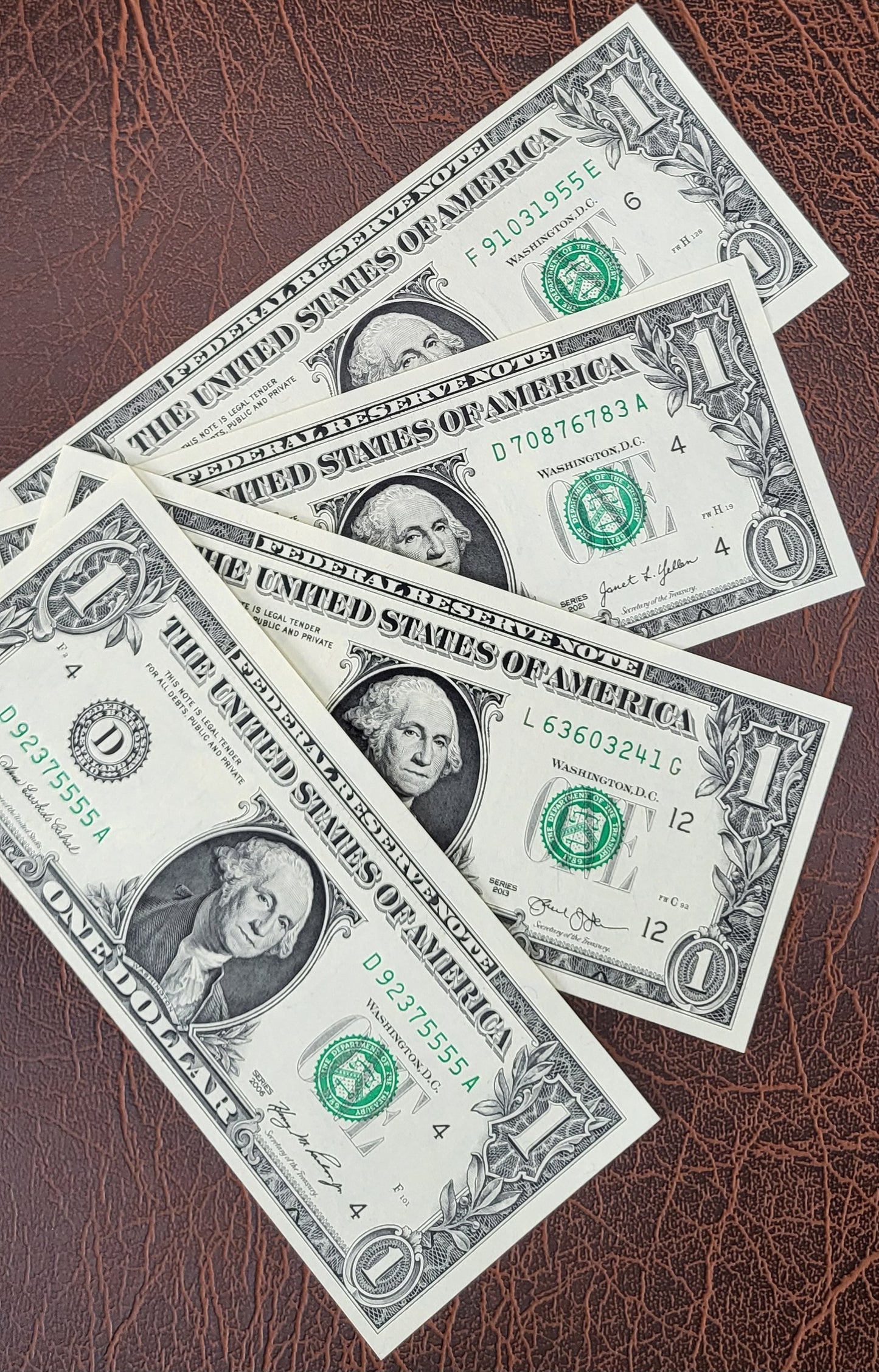 Set of one Dollar United States of America USA 2006, 2009, 2013 and 2021 UNC Uncirculated