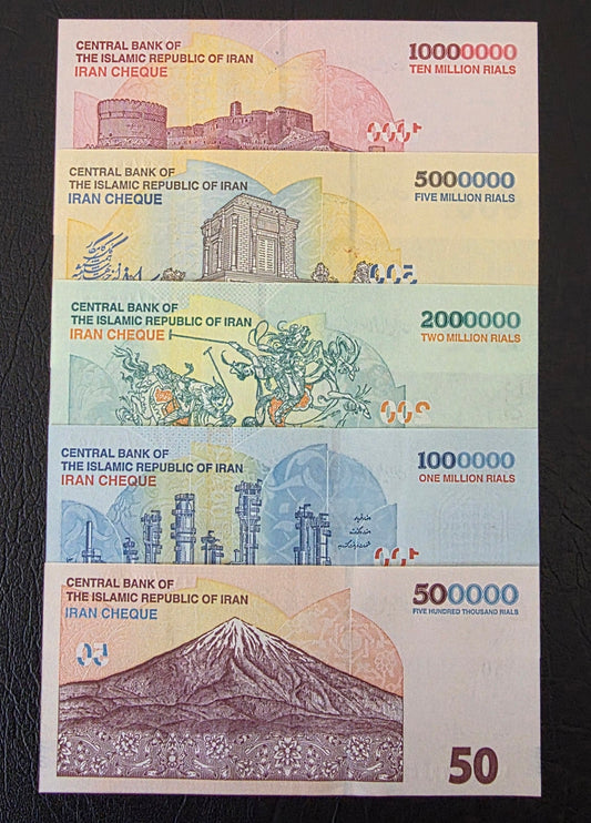 Persian Rials Full set 500000, 1000000, 2000000, 5000000, and 10000000 New Version Uncirculated (UNC) (5 notes)