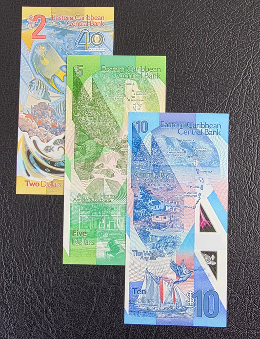 East Caribbean 2, 5 and 10 Dollars 2019- 2024 Gem Uncirculated UNC Polymer