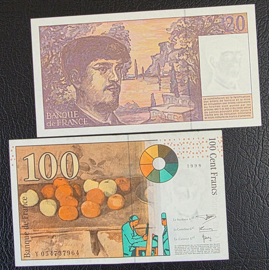 France 20 and 100 Francs 1997- 98 Pre- Euro About Uncirculated to Uncirculated (TWO notes)