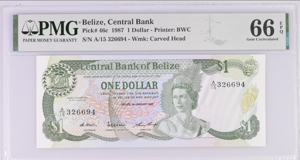 One 1 Dollar 1987 Belize PMG 66 EPQ Uncirculated Gem UNC P 46c