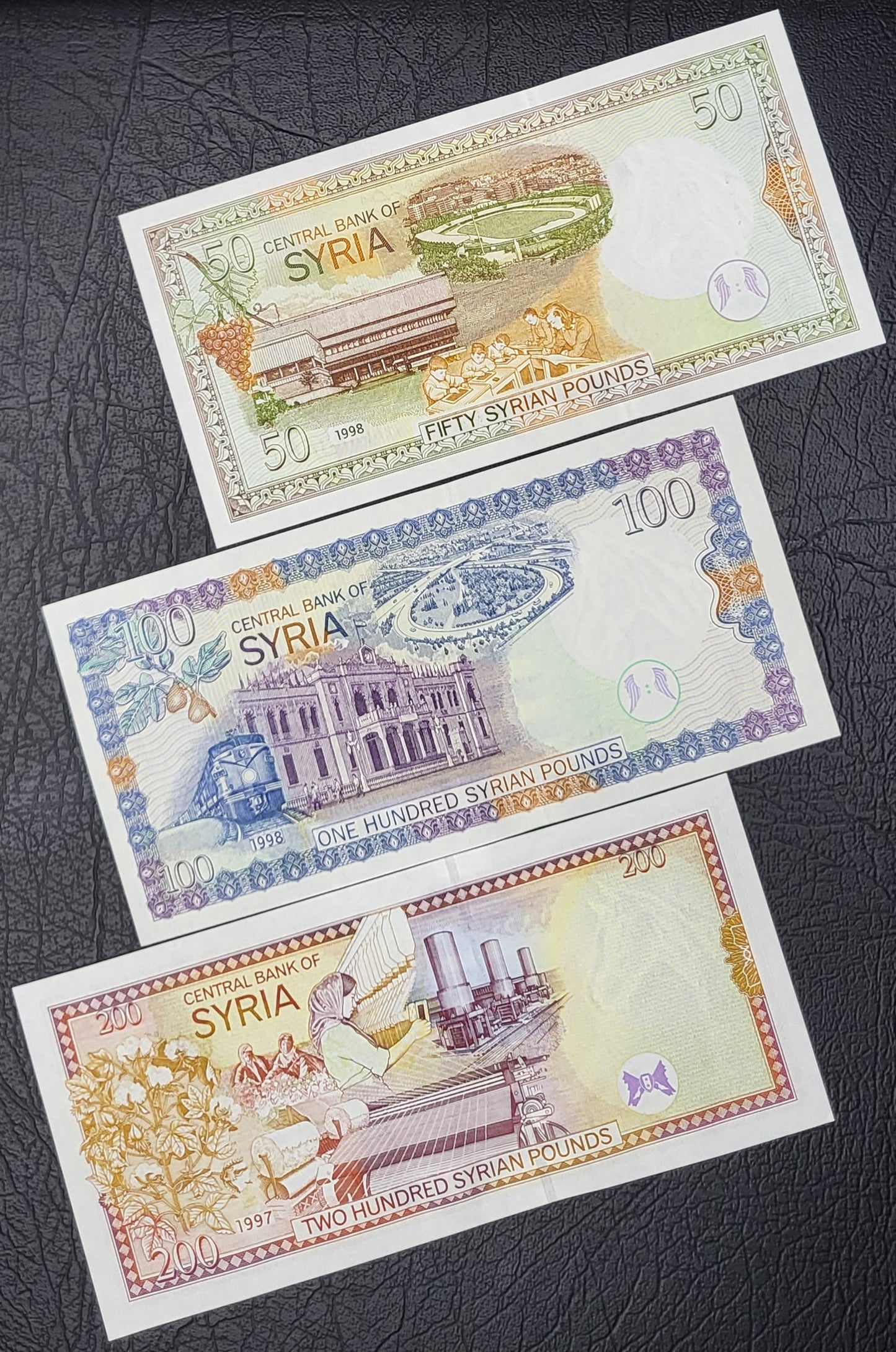 Set of 50, 100, 200, 500 and 1000 Lira Syria 1990s Syrian Pounds Uncirculated UNC (7 banknotes)