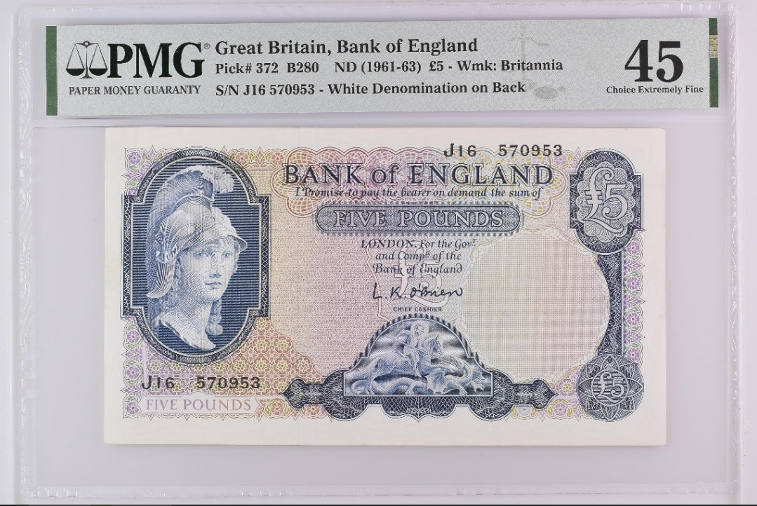 5 Five Pounds 1961 Great Britain 🇬🇧 Bank of England Pick 372 PMG 45 EF
