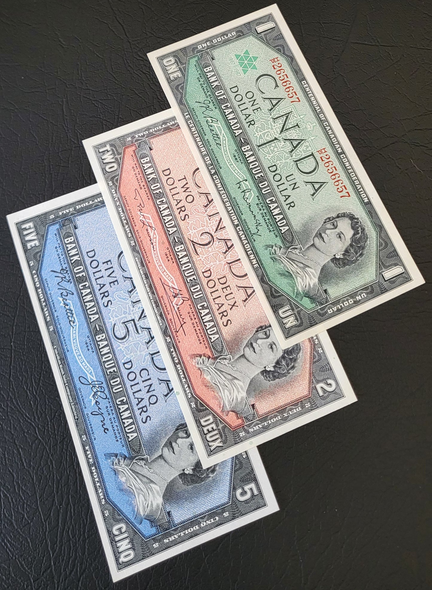 Set of 1, 2 and 5 Dollars 1954- 1967 (three notes) Chronological order Canada Uncirculated UNC Gem