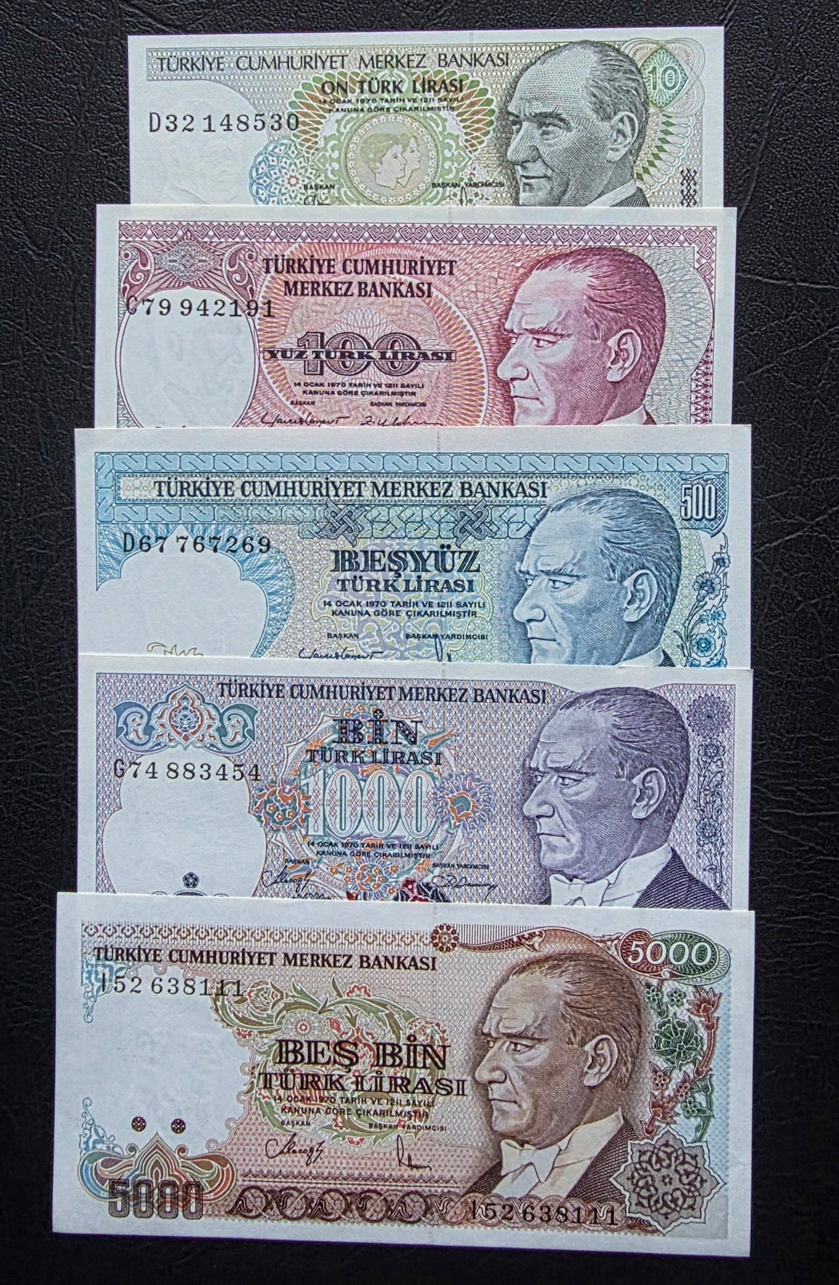 Turkey Türkiye Set of 10 to 5000 Lira 1970s Turkey Türkiye Uncirculated UNC (Five banknotes)