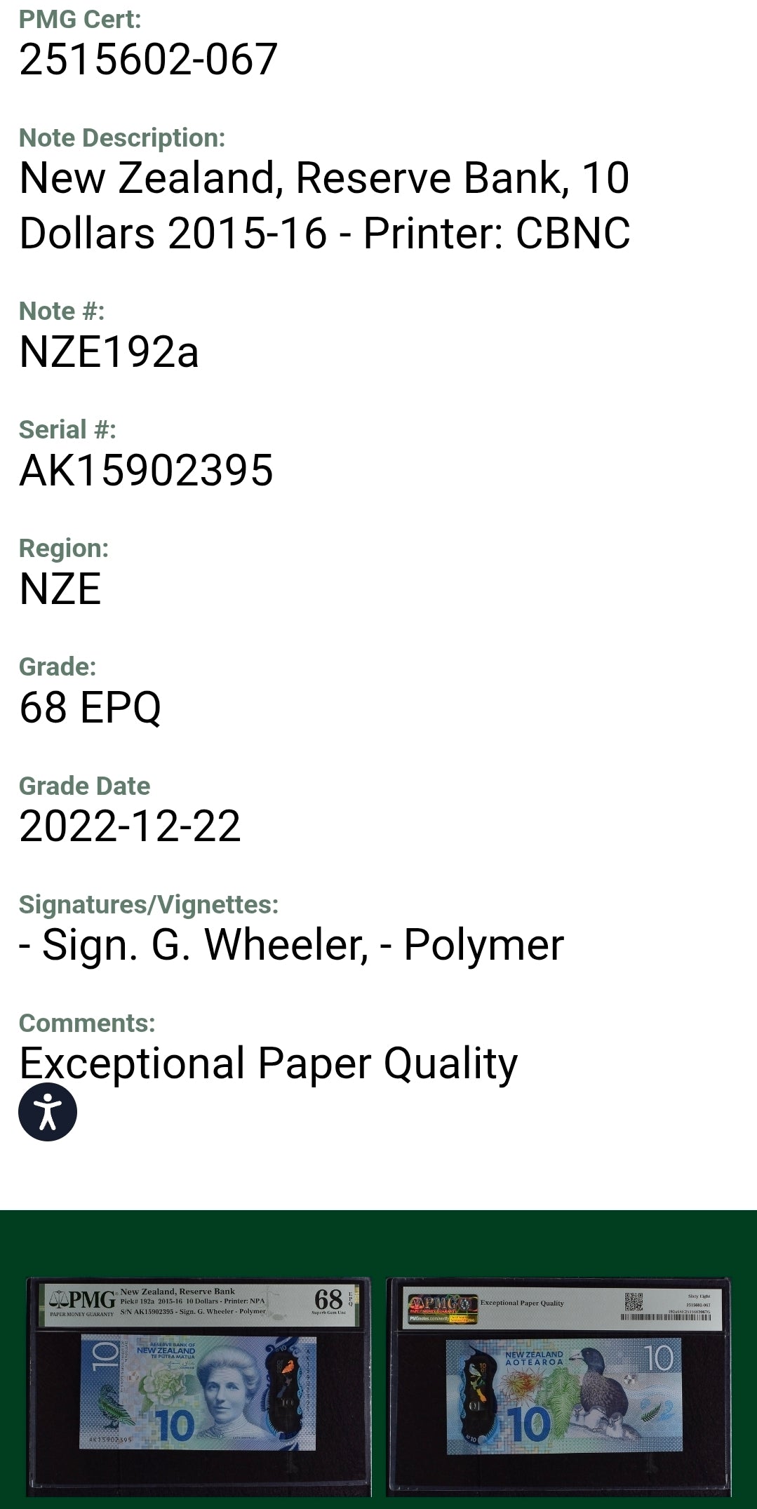 10 Dollars 2015- 2016 New Zealand Pick 192a Superb Uncirculated UNC PMG 68 EPQ