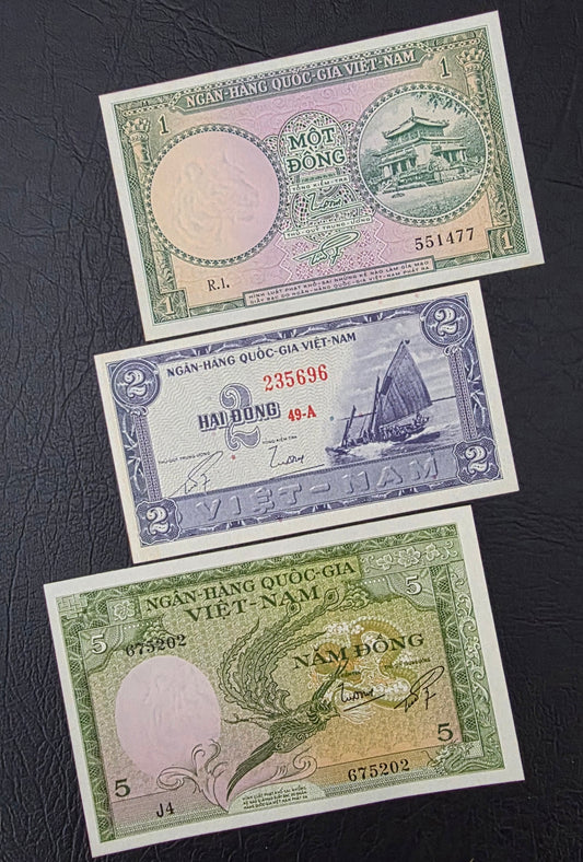 Set of 1, 2, 5, 50, 100, 500 and 1000 Dong Vietnam Uncirculated UNC (7 notes)
