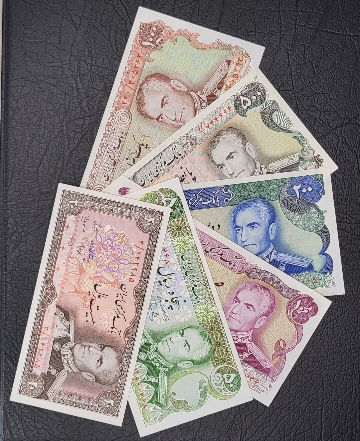 Set of 20, 50, 100, 200, 500 and 1000 Rials Pahlavi Shah Persian notes Uncirculated UNC Gem- Unique Gift set