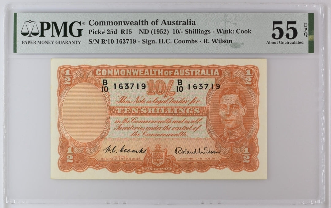 10 TEN Shillings 1952 Australia P 25d R15 PMG 58 EPQ Coombs Wilson