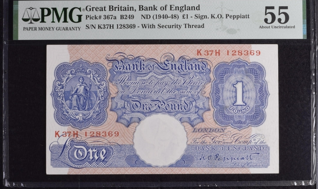1 Pound War 1940 Bank England Great Britain 🇬🇧 Pick 367a B249 PMG 55 EPQ