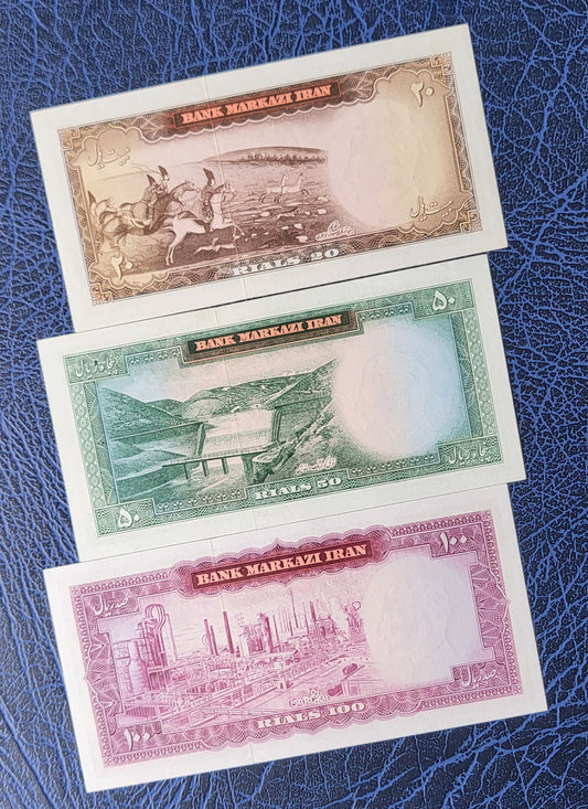 Set of 20, 50 and 100 Rials 1963- 1965 Monarchy Portrait notes Gem Uncirculated (UNC)