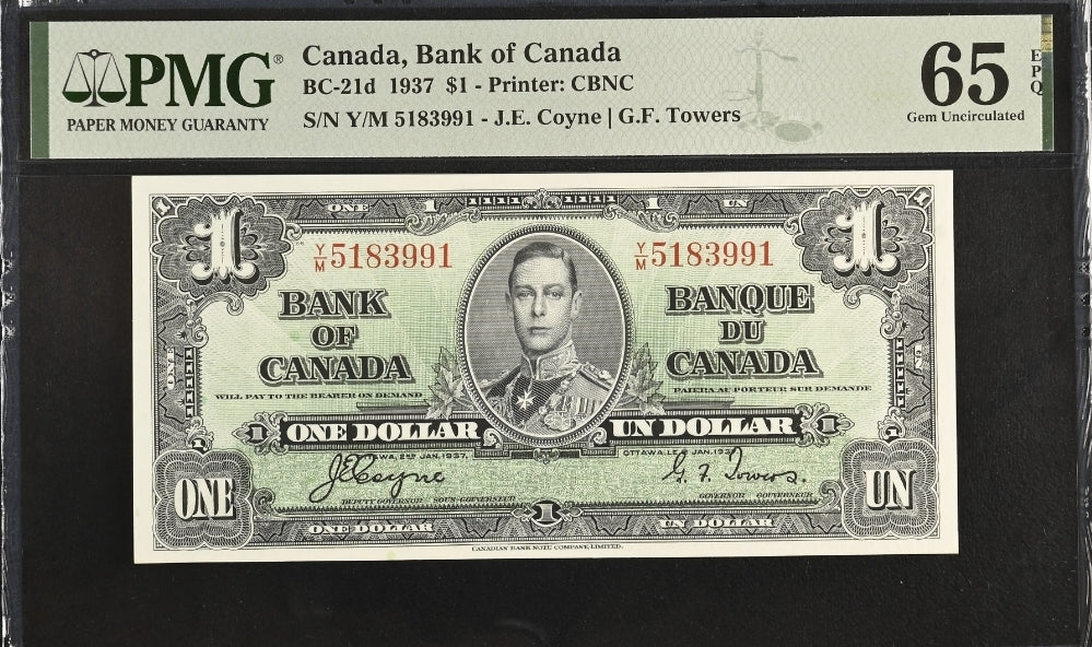 1 One Dollar Canada 1937 BC-21d PMG 65 EPQ Gem UNC Coyne Towers
