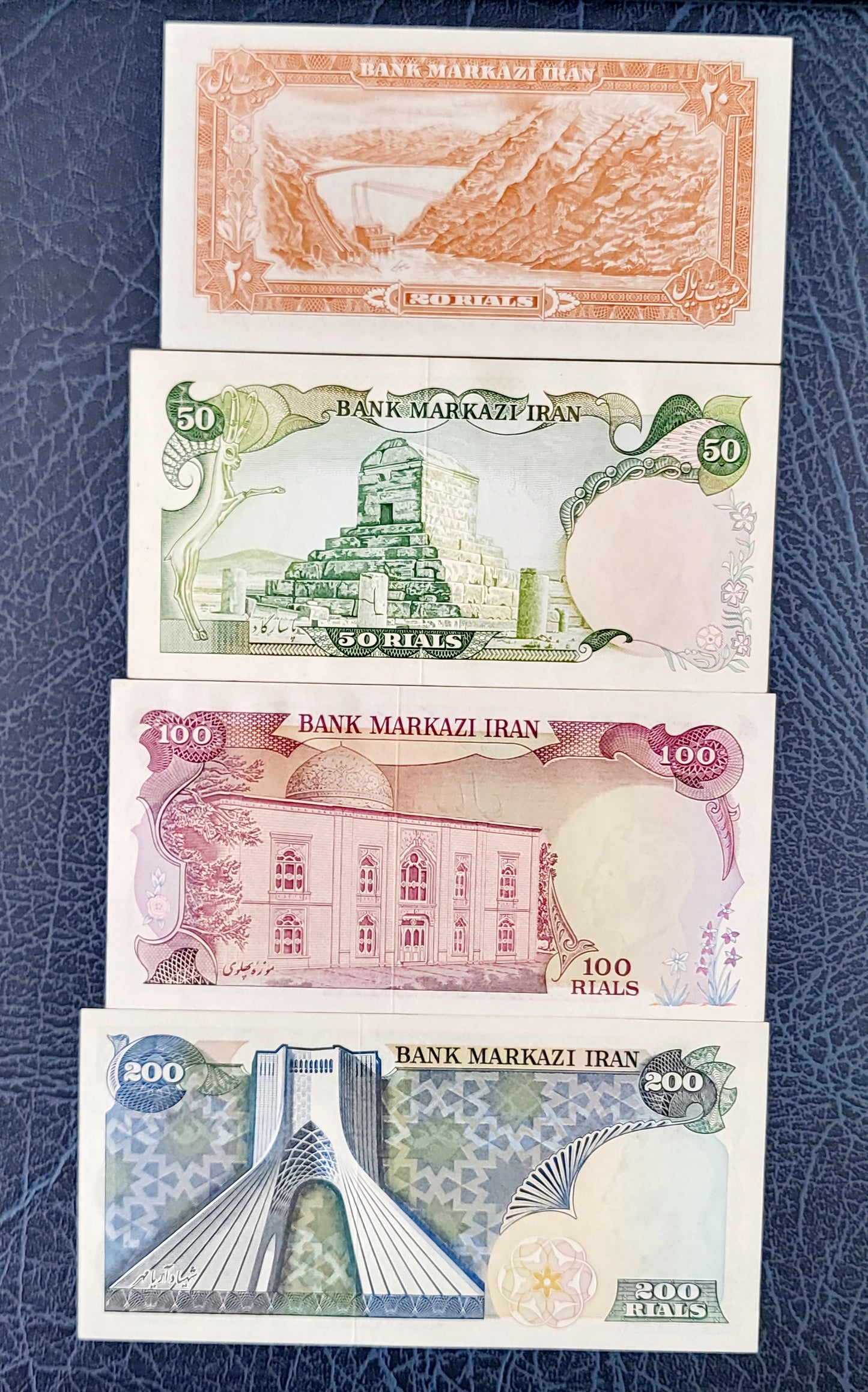 Set of 20, 50, 100, and 200 Rials Pahlavi Shah Persian notes Uncirculated UNC- Unique Gift set