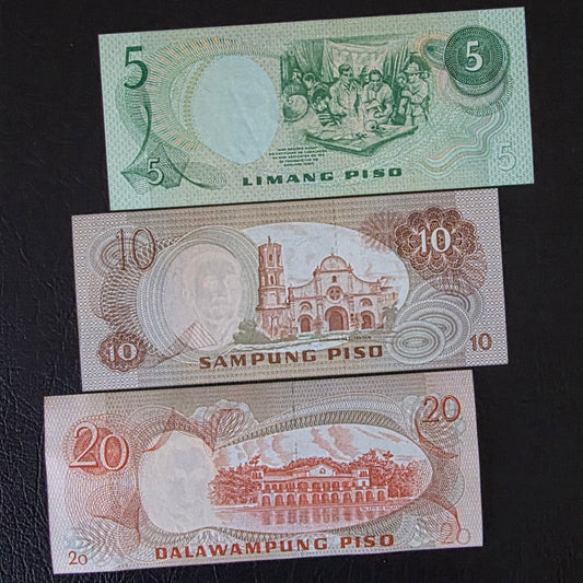 Philippines Peso set of 5, 10 and 20 1978 Gem Uncirculated UNC (3 banknotes)
