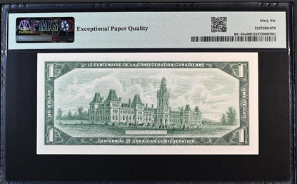 One 1 Dollar  1967 Canada Centennial Commemorative BC 45a UNC PMG 66 epq