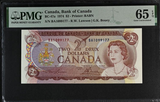 2 Dollars 1974 Canada BC 47a Lawson Bouey Uncirculated PMG 65 EPQ