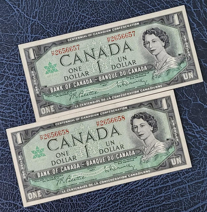One 1 Dollar  1967 Canada Centennial Commemorative Consecutive pair BC 45a UNC