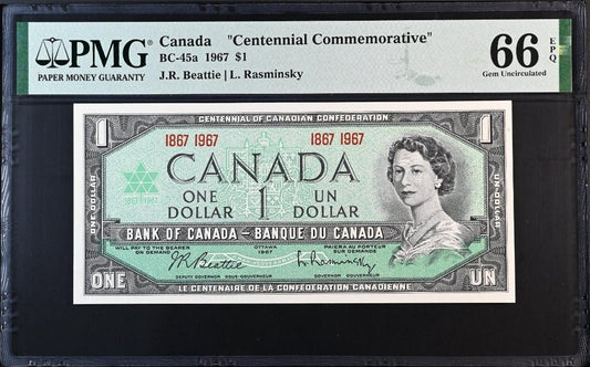 One 1 Dollar  1967 Canada Centennial Commemorative BC 45a UNC PMG 66 epq