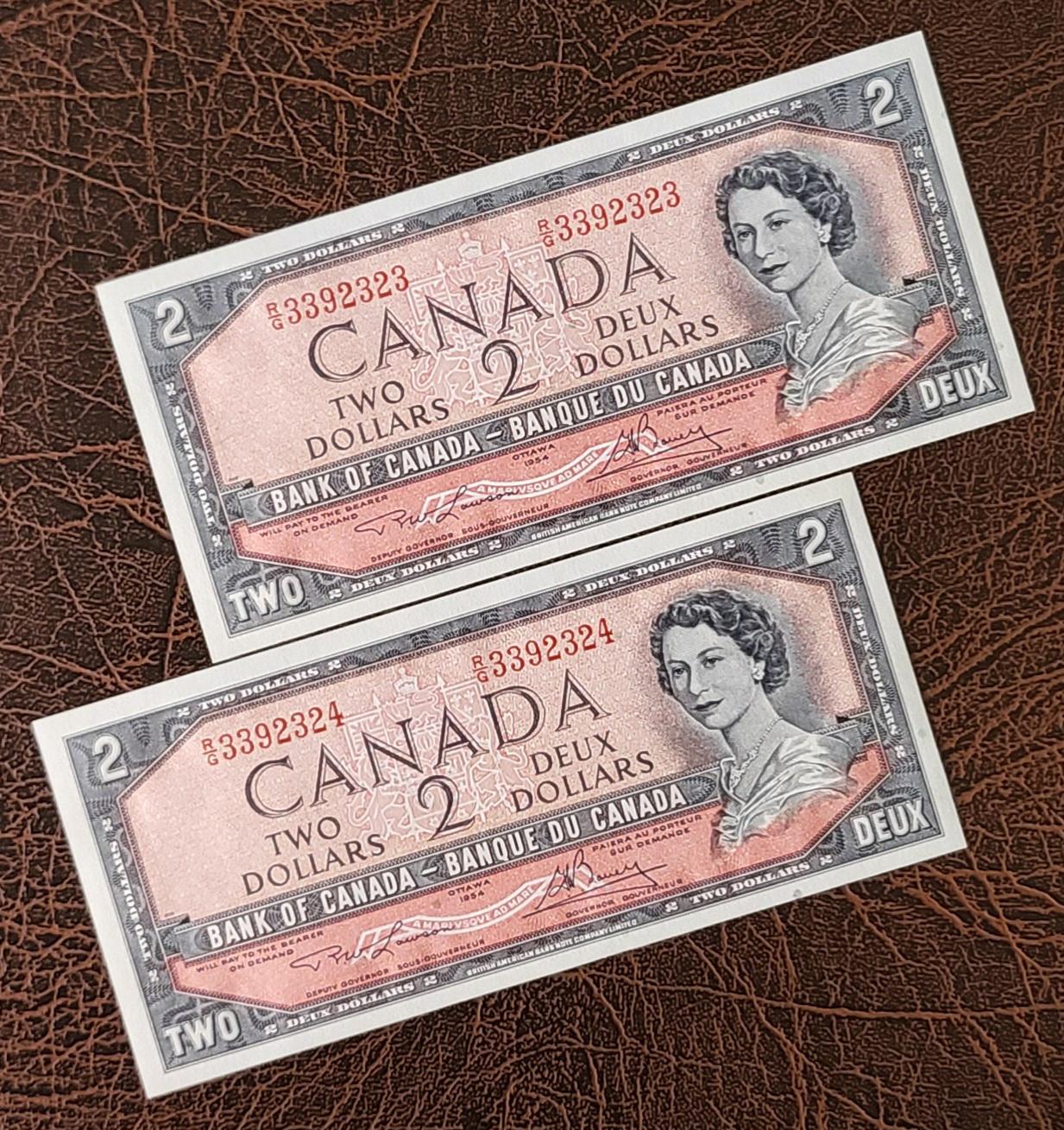 2 Two Dollars 1954 Canada Lawson Bouey BC 38d Consecutive Pair Uncirculated UNC