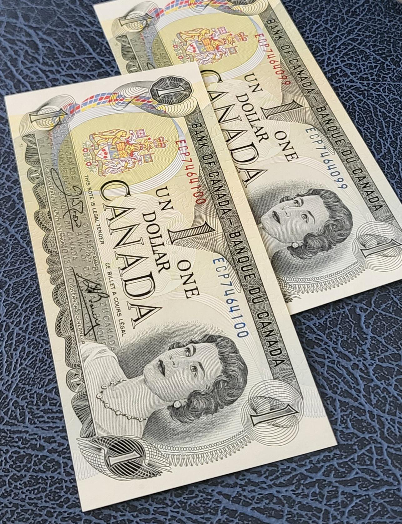 1 One Dollar 1973 Canada Banknote Consecutive Pair P 85c Uncirculated UNC