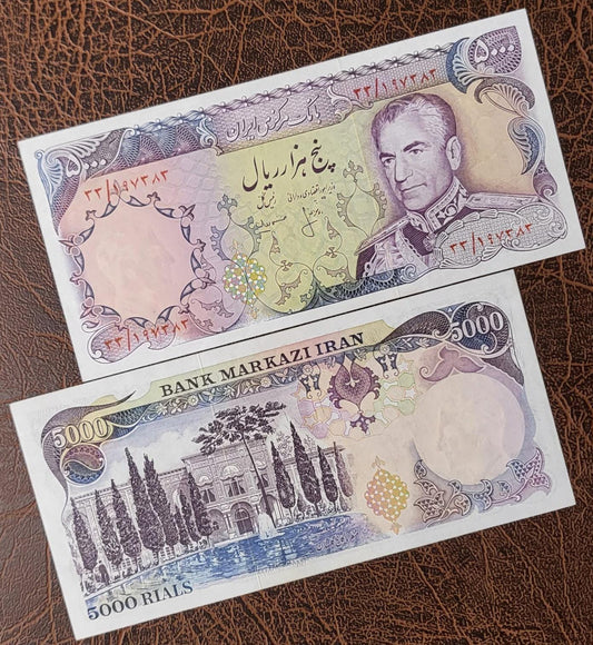 5000 Rials 1974 Pahlavi Persian notes Uncirculated UNC P 106 (Extremely rare in this quality)