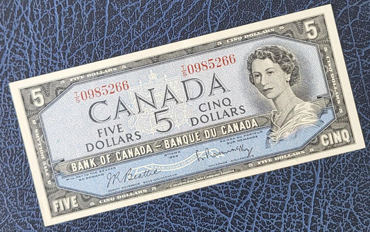 5 Dollars 1954 Canada About Uncirculated AUNC (middle Fold)
