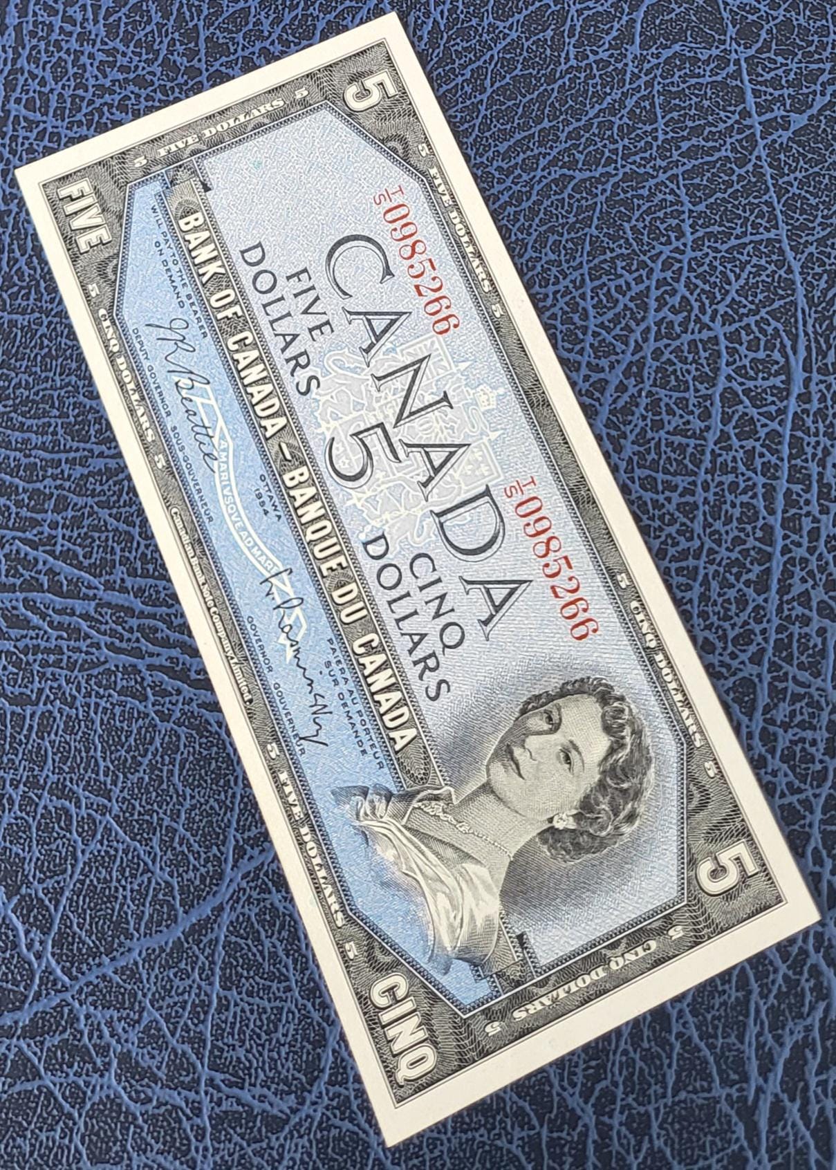 5 Dollars 1954 Canada About Uncirculated AUNC (middle Fold)