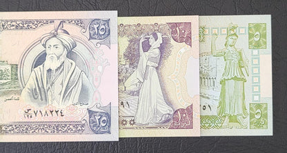 Set of 5, 10, and 25 Lira Syria 1990s Syrian Pounds Uncirculated UNC (3 banknotes)
