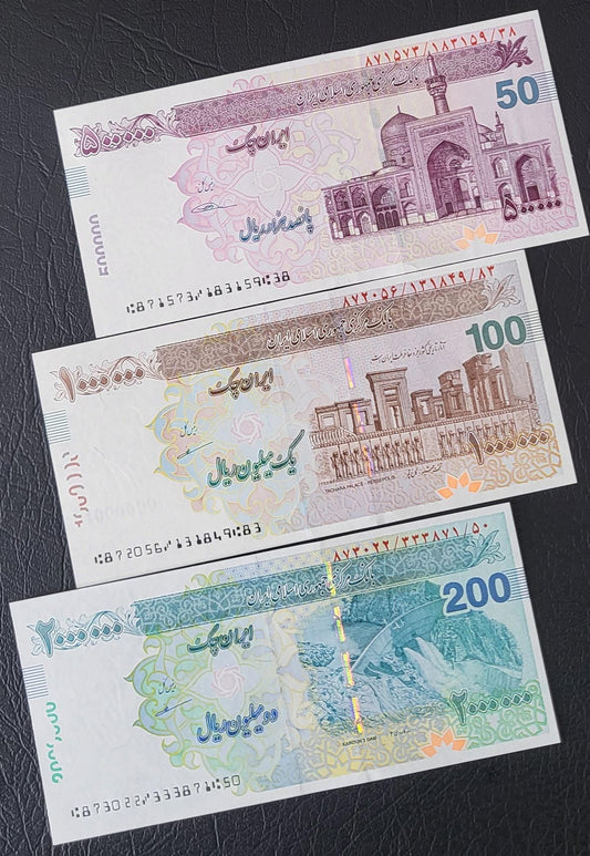 Set of 500,000, 1000,000 and 2,000,000 Rials old design Persian Cheque Uncirculated