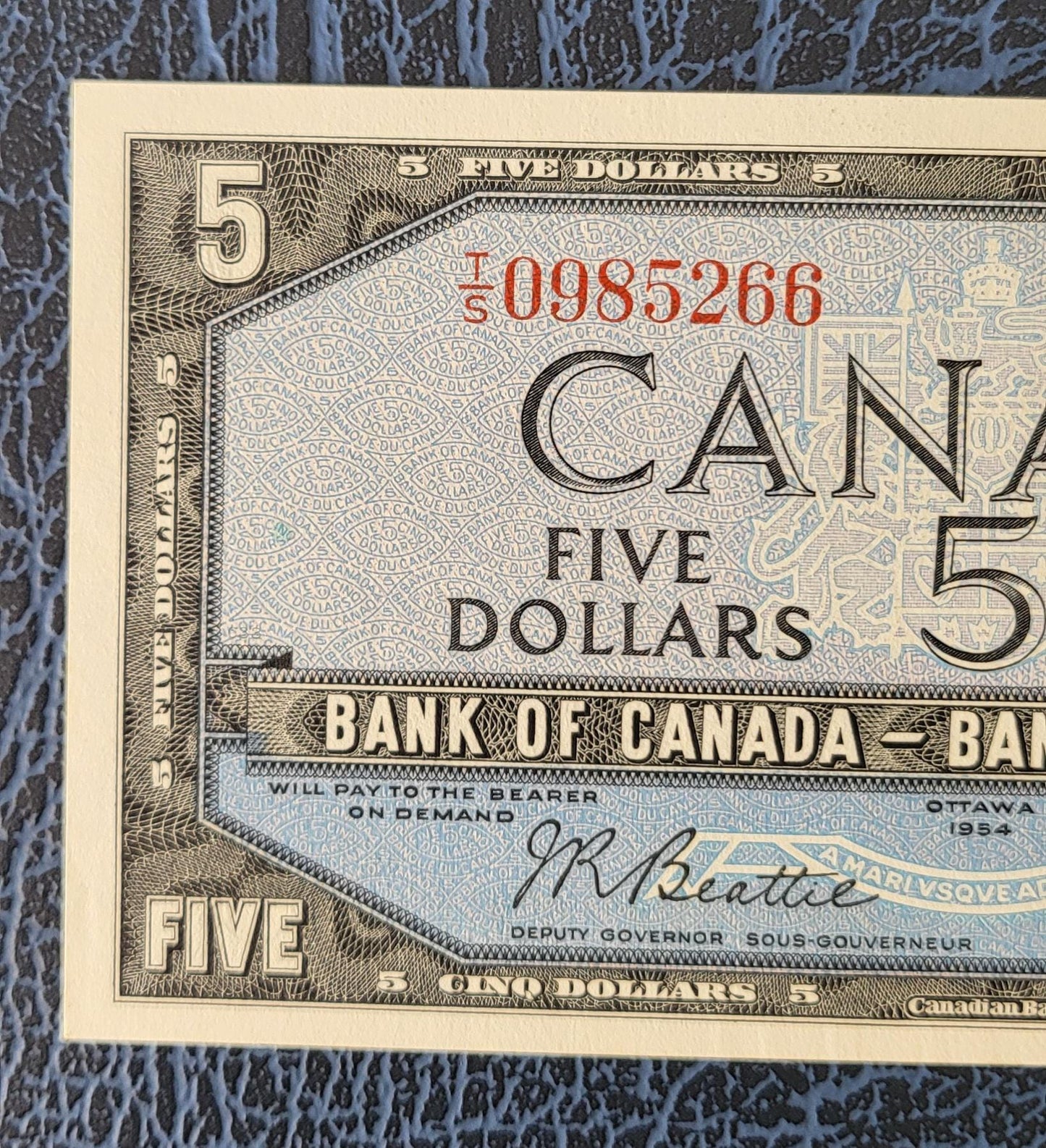 5 Dollars 1954 Canada About Uncirculated AUNC (middle Fold)