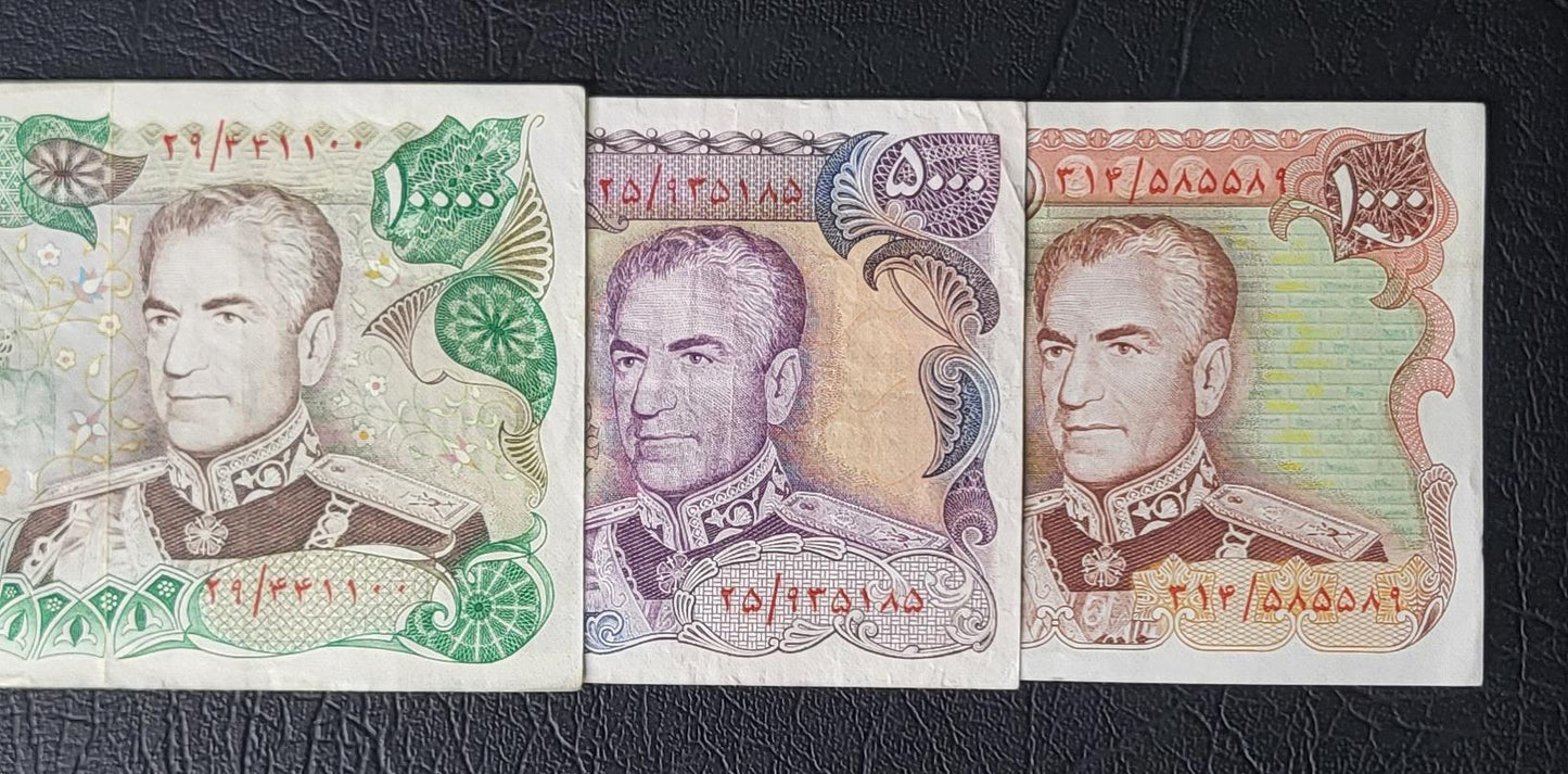 Set of 1000, 5000 and 10000 Rials 1974 Pahlavi Shah Persian notes Very fine VF to Extremely fine XF