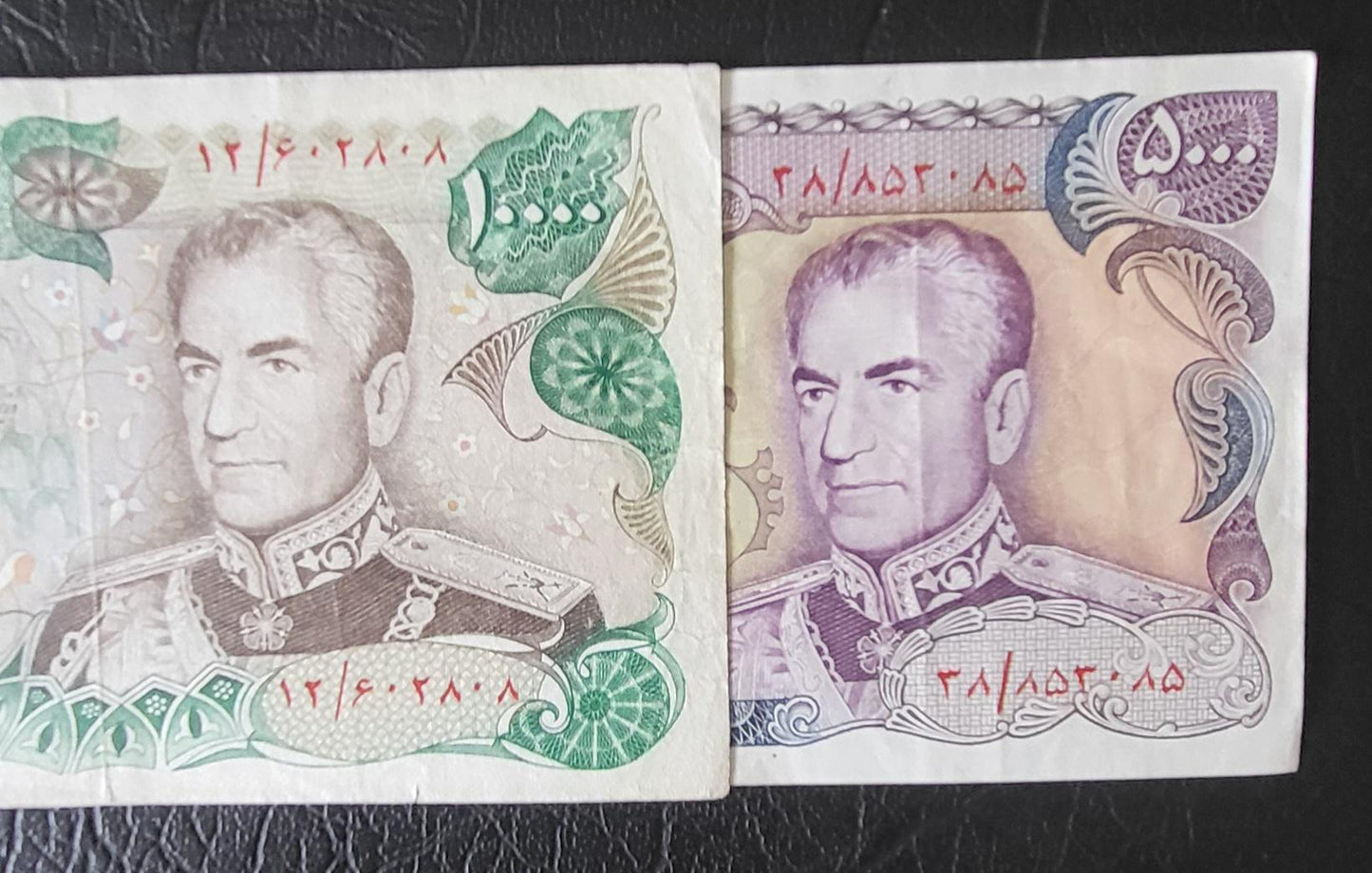 Set of 5000 and 10000 Rials 1974 Pahlavi Shah Persian notes Very fine VF