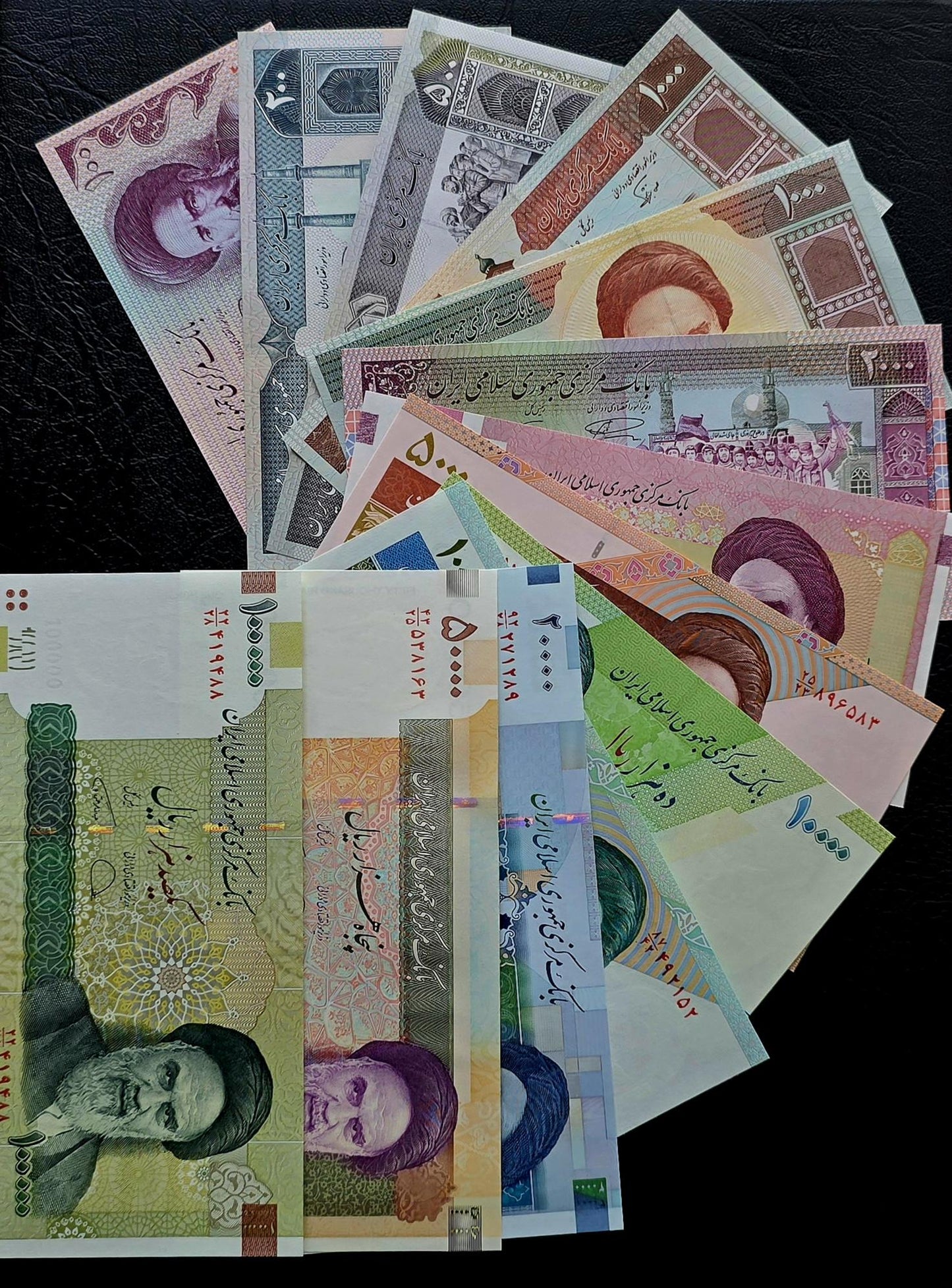 Mega Set of 100, 200, 500, 1000 (x2), 2000 (x2), 5000, 10000 (x2), 20000, 50000 and 100000 Rials 1985-2018 Persian notes Uncirculated UNC