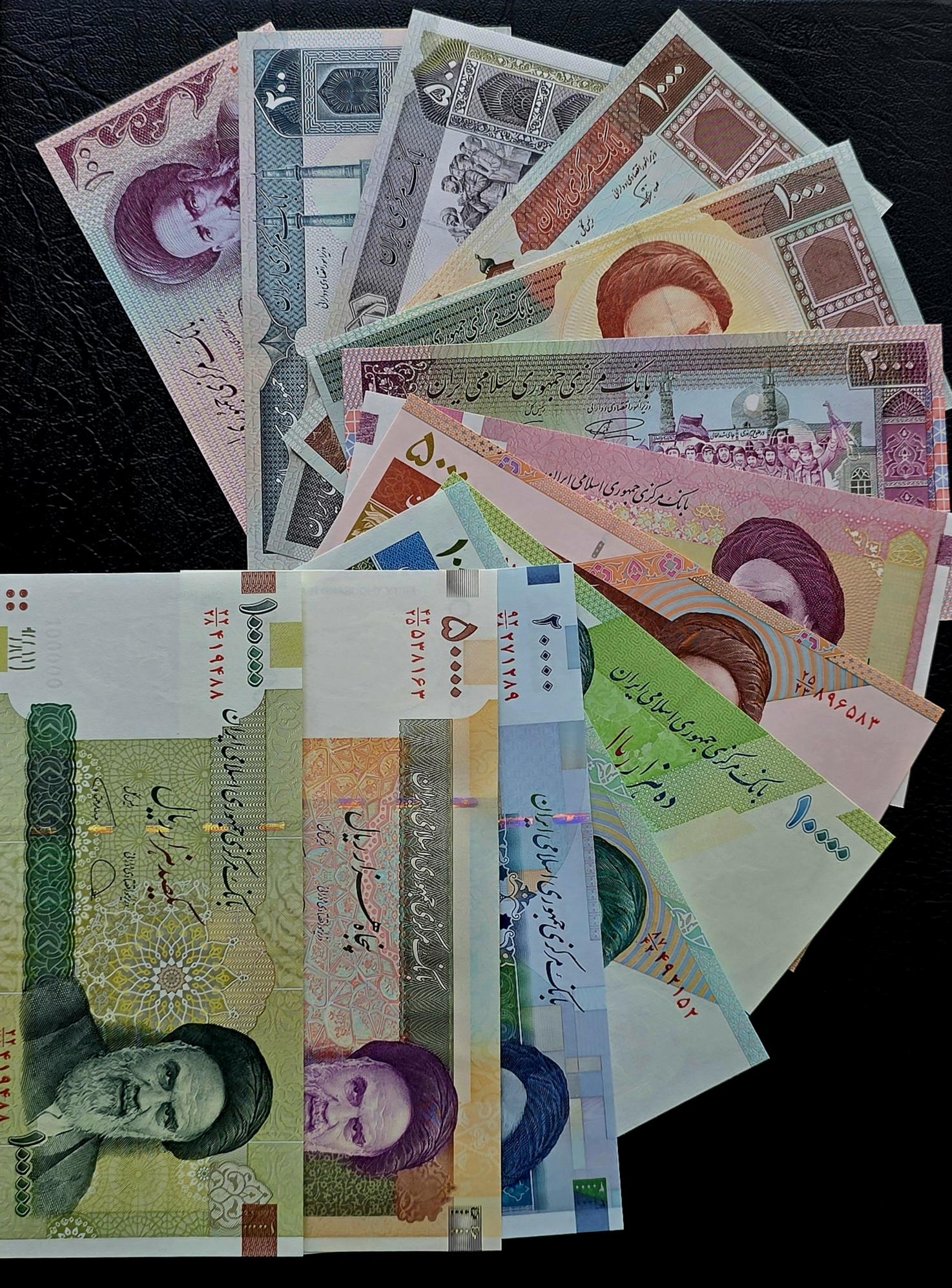 Mega Set of 100, 200, 500, 1000 (x2), 2000 (x2), 5000, 10000 (x2), 20000, 50000 and 100000 Rials 1985-2018 Persian notes Uncirculated UNC